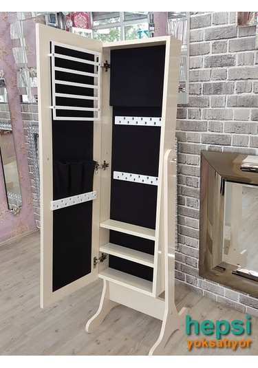 Ayna Denizi Klasik Model Krem Renk Ayaklı Boy Aynalı Takı Dolabı