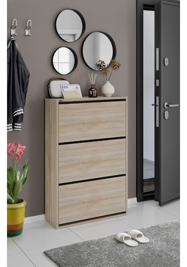 Ceha 3'lü Düşer Kapaklı Ahşap Ayakkabılık - Egger Meşe A.AYK-3/MEŞE