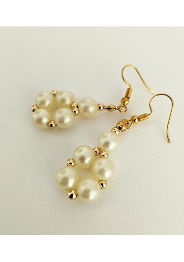 K204 İncili Sallantılı Küpe Altın - Beyaz