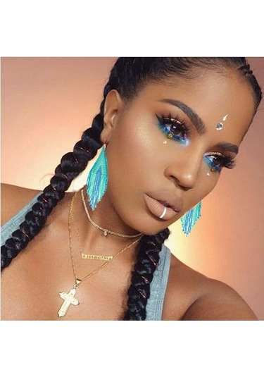 Uzun Boncuklu Püskül Küpeler - Çizgili Bohem Saçaklı Sarkan Küpe Mavi