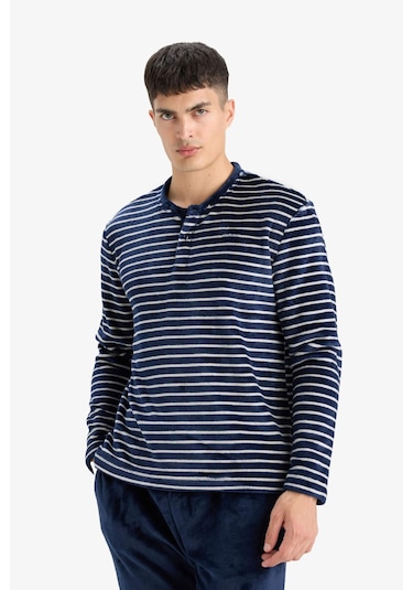 Defacto Pijama Takımı Regular Fit Çizgili Uzun Kollu Üst Welsoft Pelüş Uzun Alt A3443ax25wnnv135 Lacivert