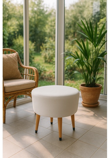 Ustaagac Puf Koltuk Bench Tabure Beyaz - Ahşap Ayaklı Beyaz