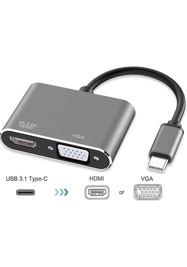 Usb Type-c To Hdmi + Vga Görüntü Çevirici Dönüştürücü 4k Destekli