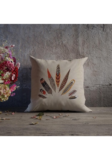 Tüy Desenli Çift Taraflı Dekoratif Kırlent Kılıfı - Çok Renkli