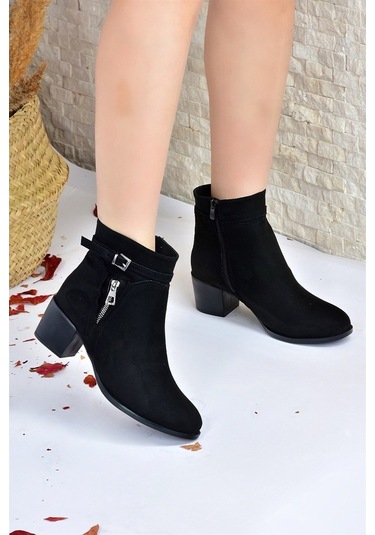 Fox Shoes Siyah Süet Kalın Topuklu Kadın Bot L674155202