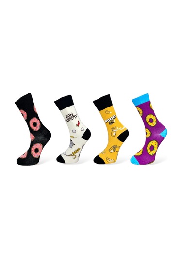 4'lü Unısex Yemek Temalı Donut Tasarımlı Esnek Nem Alabilen Pamuklu Spor Soket Çoraplar Çok Renkli