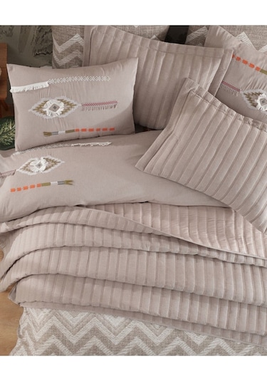 Yatak Örtüsü Seti & Nakışlı Nevresim Takımı Bej 9 Parça Bej