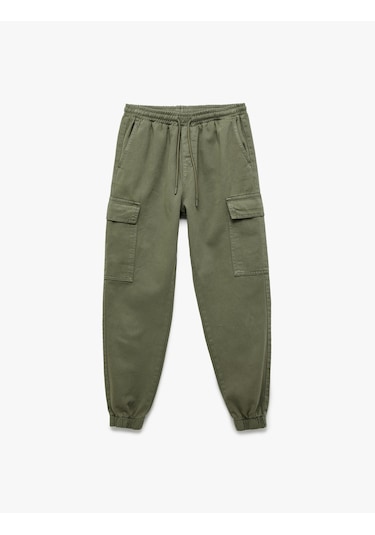 Koton Beli Bağcıklı Kargo Cep Detaylı Pamuklu Rahat Kesim Gabardin Jogger Pantolon Haki 6wam40044hw Haki
