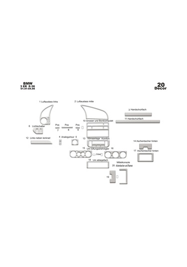 Bmw 3 E36 Konsol-konsol-torpido Kaplama 1991-1998 20 Parça-alüminyum Alüminyum