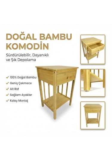 Doğal Bambu Tek Çekmeceli Raflı Komodin Yan Sehpa Bej