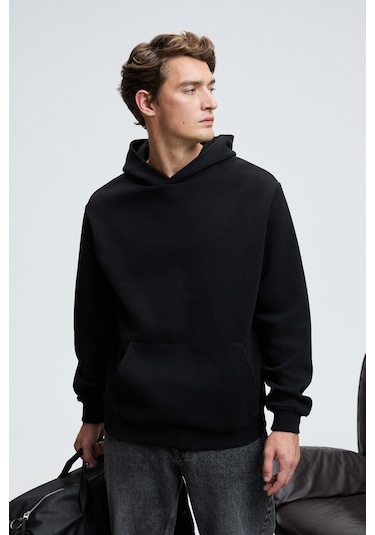 AMOS Erkek Yumuşak Kumaşlı 3 İplik Oversize Kapüşonlu Kanguru Cepli Siyah Sweatshirt