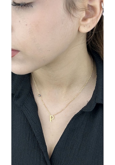 P Harfli, Nazar Figürlü, Paslanmaz Çelik Kolye 283, Altın Renk Altın