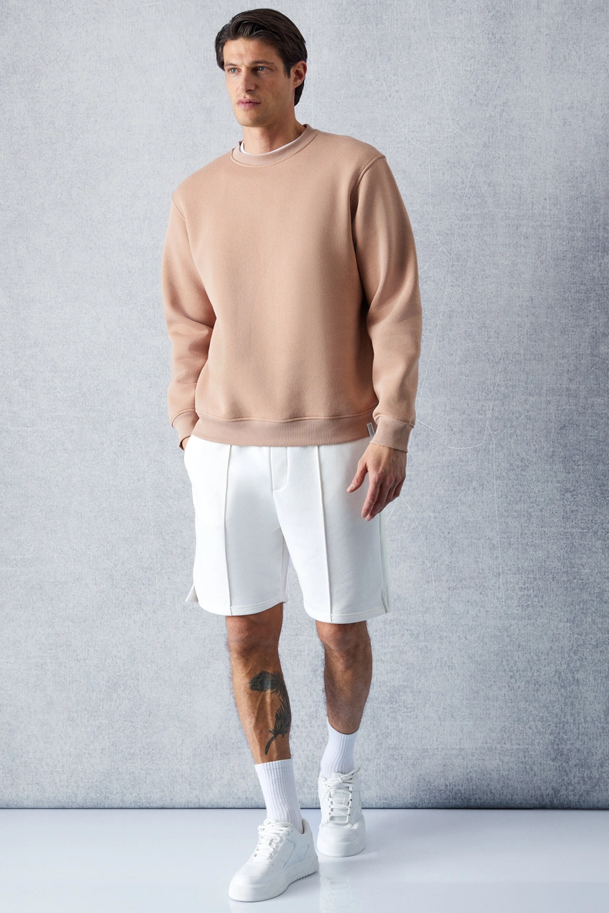 Grımelange Travıs Erkek Organik Kumaşlı Yumuşacık Regular Fit Yuvarlak Yakalı Bej Sweatshirt Bej