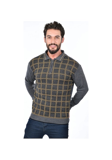 Kamalı Yakalı Baba Kazak Çizgili Baba Kazak Baba Triko Yakalı Erkek Kazak Polo Yaka Gri