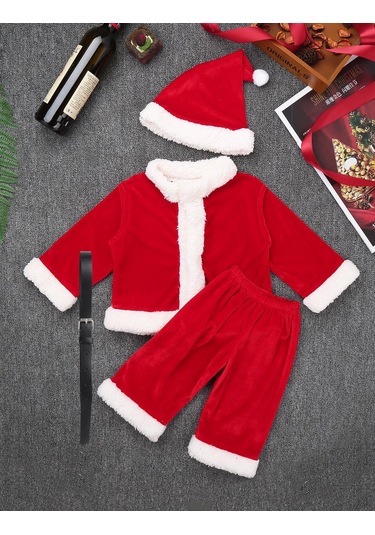 Bebek Erkek Noel Noel Baba Kostüm Kıyafet Uzun Kollu Kadife Üst + Pantolon Takımı Kırmızı