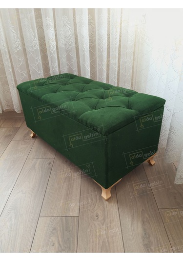 Lüks Sandıklı Kapitoneli Ayakucu Puf Bench 100 Cm Gold Ayak Yeşil