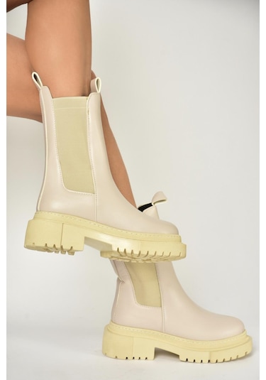 Fox Shoes T652449009 Bej Kalın Tabanlı Kadın Bot Bej-suni Deri Bej