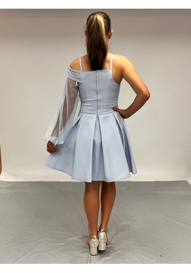 Kız Çocuk Abiye Kısa Krep Bebe Mavi Yaka Şerit Taşlı Tek Kol Çıkabilen Tül Erkut Abiye Elbise 10-15 Yaş İndigo