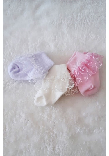 3lü Kız Bebek Dantelli Çorap Pamuklu Likralı Esnek Renkli Çok Renkli
