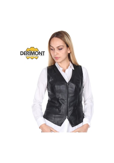 Deriwork Hakiki Deri Siyah Casual Fermuarlı Kadın Deri Yelek Siyah