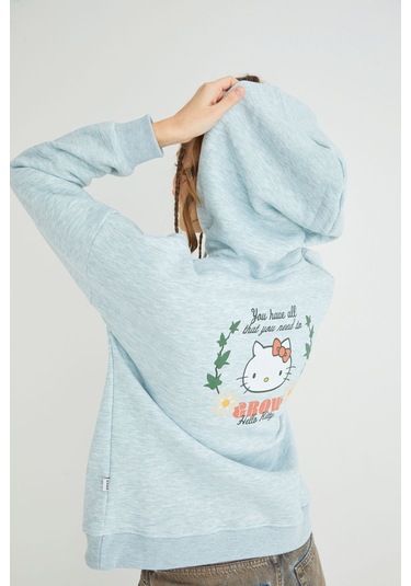 Hello Kitty Lisanslı Baskılı Kapüşonlu Fit Yeşil Sweatshirt Renkli