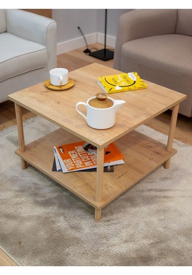 Kare Orta Sehpa Ahşap Ayaklı Sehpa Iki Raflı Sehpa Dekoratif Sehpa Gazetelikli - Safir Meşe-60x60