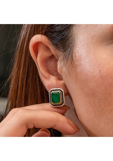 Gümüş Yeşil Taşlı Otantik Kadın Küpe Gümüş