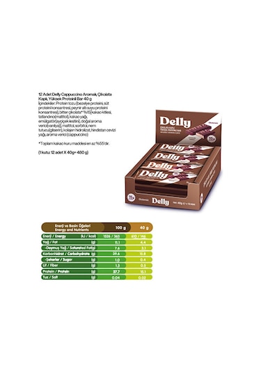 Delly Cappuccino Aromalı Çikolata Kaplı Yüksek Protein Bar 12 x 40 G