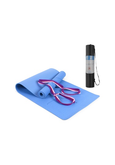Ranyeek Tomshoo Mavi Tpe Yoga Matı 183x61x0.6cm - Vücut Hizalama Çizgileri, İki Yönlü Kaymazsız, Taşınabilir Set Çantası Ve Kayış İle Mavi