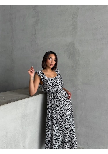 Kadın Çiçek Desenli Fırfır Detaylı Yazlık Dokuma Elbise Siyah