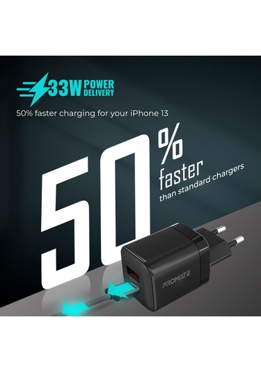 Promate PowerPort-33 Gan 33W Qualcomm Süper Hızlı Type-C PD , USB Ultra Kompakt Duvar Şarj Cihazı, Aşırı Gerilim Koruması
