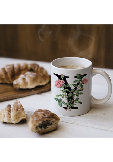 Y Baş Harf Kırmızı Güller İle Sarılı Bardak 330 Ml Kişiye Özel Çiçekli Hediye Beyaz