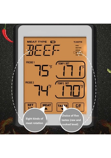 Sones Ch-212 Çift Prob Renkli Ekran Akıllı Alarm Izgara Mutfak Termometresi, Renk: Turuncu Arka Aydınlatma