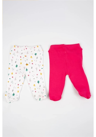 Kız Bebek Beyaz Pembe Ağaç Desenli Düz Patikli İkili Alt Takım Beyaz - Pembe