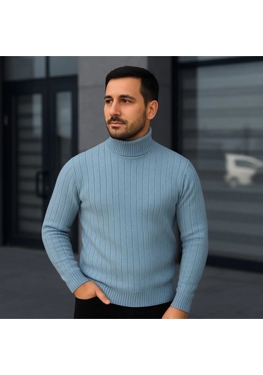 Erkek Balıkcı Yaka Bağazlı Triko Kazak Pamuklu Kalın Fitilli Dokuma, Regular Fit Uzun Kollu Kışlık Model - Bebe Mavisi Mavi