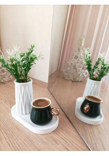 Mini Desenli Beton Saksı Tekli Ve Oval Tabak - Yapay Çiçek Hediyeli - Beyaz