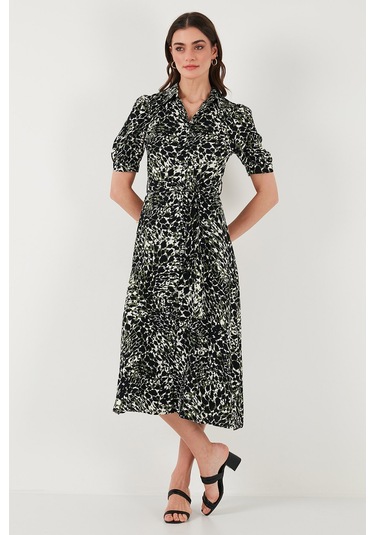 Lela Desenli Relaxed Fit Balon Kol Yırtmaçlı Kemerli Midi Boy Bayan Elbise 67810558 Yeşil-Leopar