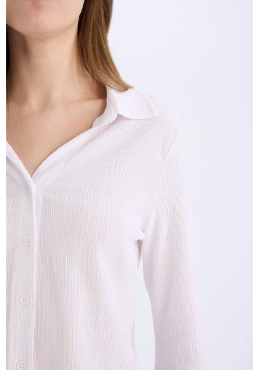 DeFacto 	Coool Fitted Basic Düz Düğmeli Uzun Kollu Crop Beyaz Gömlek A0012AX25SPWT34