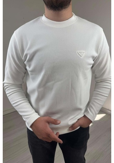 Explode - Erkek Beyaz Bisiklet Yaka Slim Kazak Beyaz