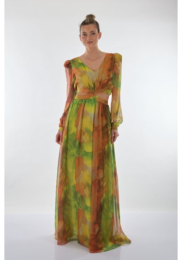 Explosion V Yaka Uzun Kol Maxi Şifon Elbise - Bohemian Stil Fıstık Yeşili