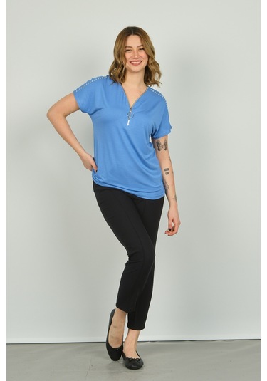 Ella Camelia Kadın Fermuarlı Kısa Kol Bluz 20e038 Mavi