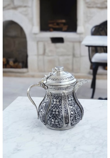 Bakır Sütlük, Sosluk Nakış İşlemeli Gümüş Renk (1 L Kalaylı)