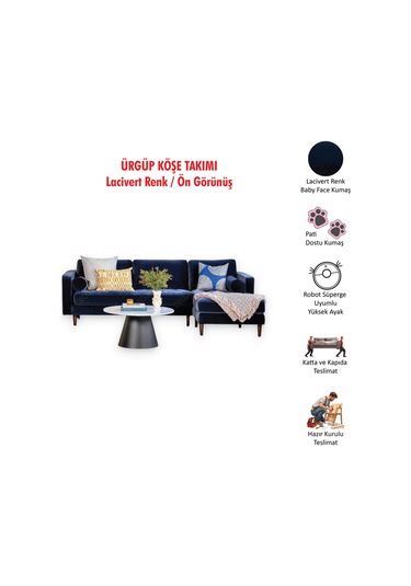 Ürgüp Lacivert Modern Köşe Koltuk Takımı Baby Face Yumuşak Kumaş Pofuduk Köşe Koltuk Sağ Köşe Lacivert