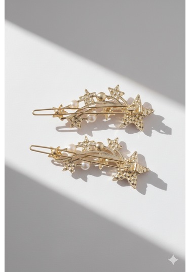 Yıldız Şekilli İnci Detaylı Metal Toka, Metal Klipsli Yıldız İnci Toka 2 Adet Altın