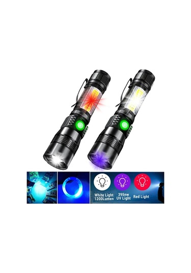 Ranyeek Usb Şarjlı Ultraviyole Ateşböceği Işığı Kırmızı-pembe Işık 7 Fonksiyonlu Cob El Feneri Sulu Dayanıklı 2079 Çift Kaynak + Şarj Kablosu + Li-pil Çok Renkli