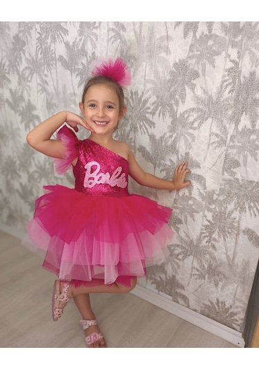 Pembe Barbie Elbise Tek Kollu Pembe