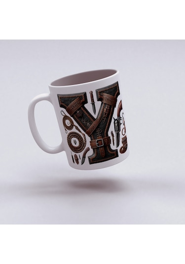 Y Harfi Kovboy Temalı Bardak 330 Ml İsim / Harf Kişiye Özel Hediye - Vahşi Batı Konsept Beyaz