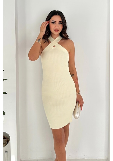Asprin Fashion Çapraz Yaka Triko Elbise Ekru Ekru