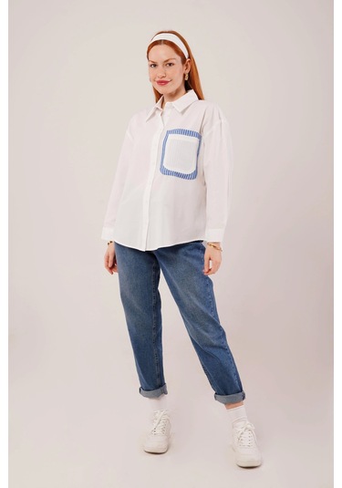 Çizgili Cep Detaylı Beyaz Gömlek Beyaz