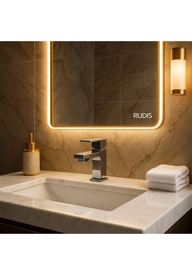 Rudi Armatür Premium Pirinç Kare Gövde Şelale Lavabo Bataryası Gümüş